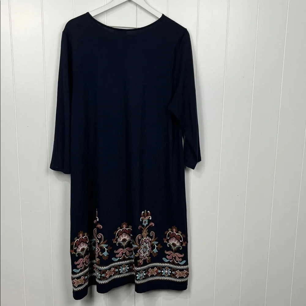 J. Jill Womens Midi Dress L Navy w/Pink & Brown Embroidery 3/4 Sleeves Pullover - Picture 8 of 11
